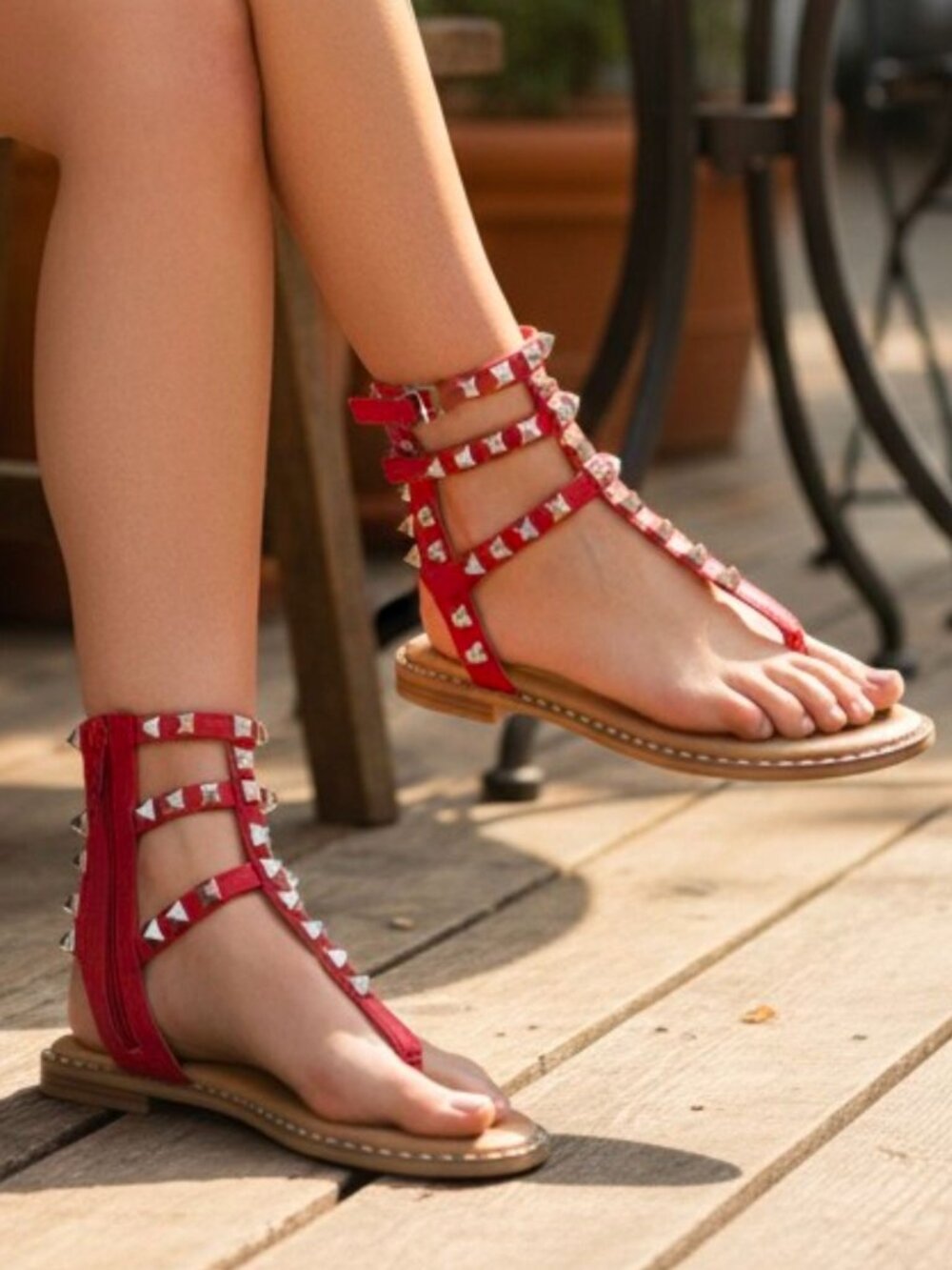 Red Gladiator Sandals With Studded Straps & Side Zipper For Women Flat Sole Comf